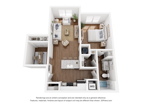 A 3D floor plan of a small apartment with a kitchen, living room, and bedroom.